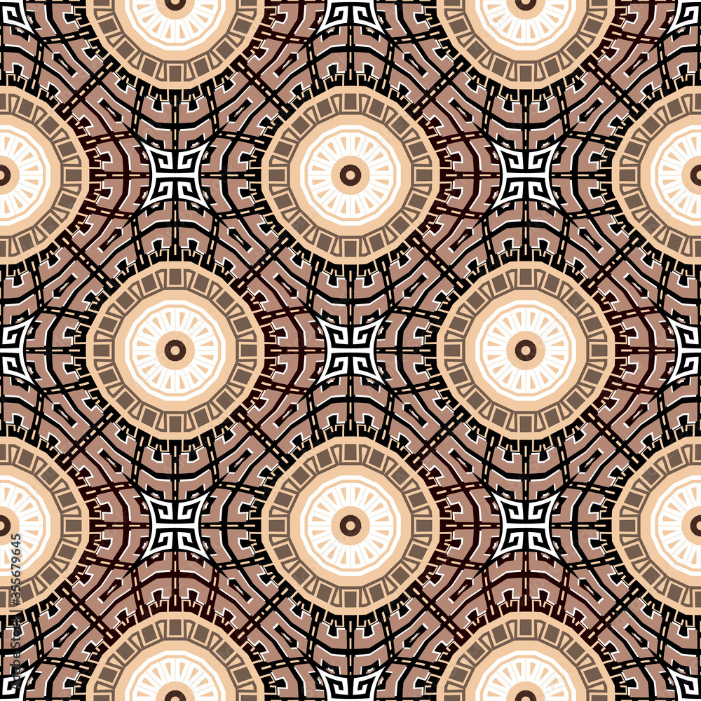 Greek vector seamless pattern. Elegant ethnic tribal background. Ornamental repeat backdrop. Geometric ornament. Abstract modern design. Geometrical shapes, circles, mandalas, greek key, meander