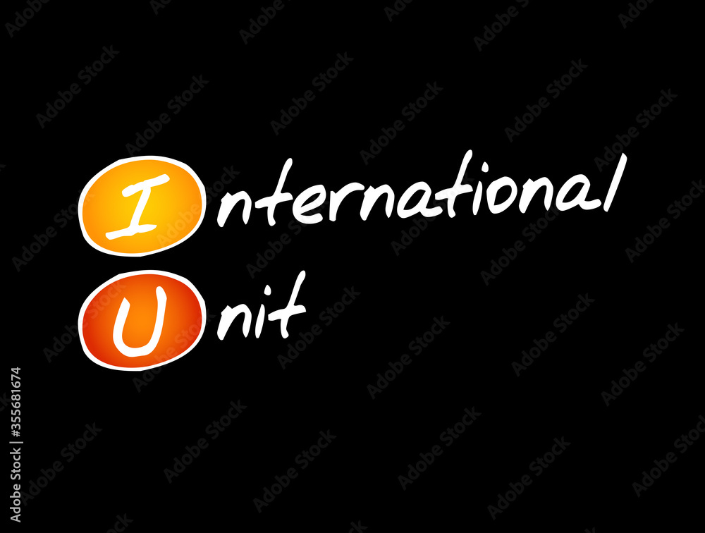 IU - International Unit acronym, concept background IU - International Unit acronym, concept background