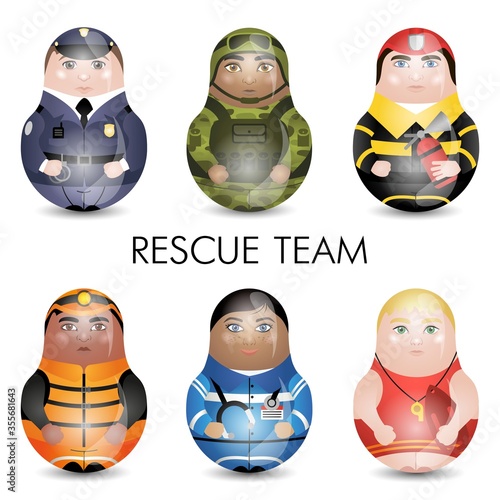 Modern kawaii dolls for your business project. Multiracial. Rescue team.