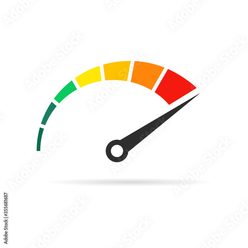 Speedometer rating. Colored speedometer sign with arrow. Performance measurement symbol.
