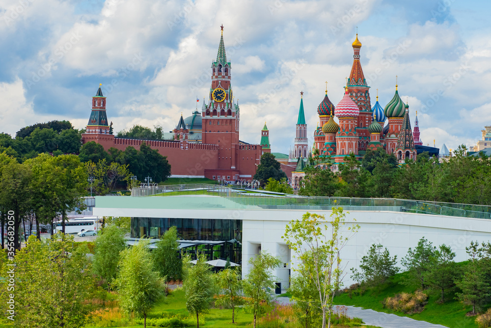 Moscow. Russia. Zaryadye. St. Basil's Cathedral. Spasskaya Tower. Walls of the Kremlin. Walks in the center of Moscow. Kremlin in summer weather. Excursions in the Zaryadye park. Russia day.