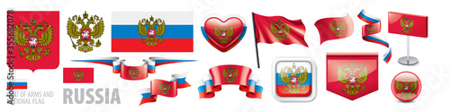Vector set of the coat of arms and national flag of Russia