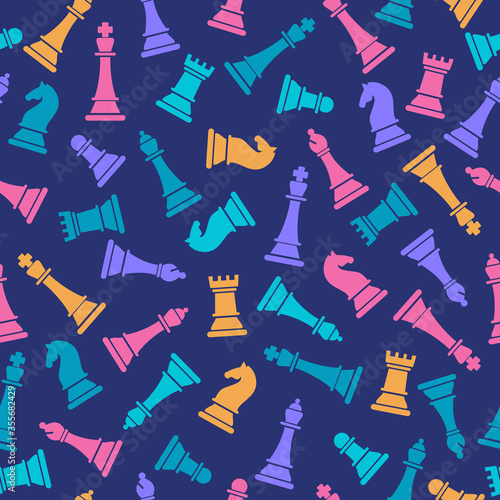 Seamless vector pattern with colored chess on blue. Chess pieces seamless print. Vector illustration set of chess pieces. Background of chess game.
