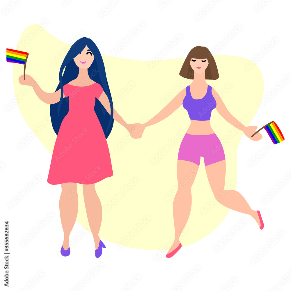 A lesbian happy couple going to pride parade. Hand drawn vector illustration. A lesbian happy couple going to pride parade. Hand drawn vector illustration.