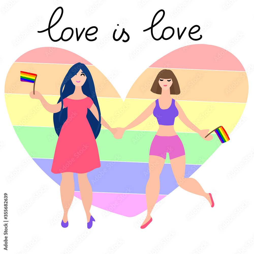 A lesbian happy couple going to pride parade. Hand drawn vector illustration. A lesbian happy couple going to pride parade. Hand drawn vector illustration.