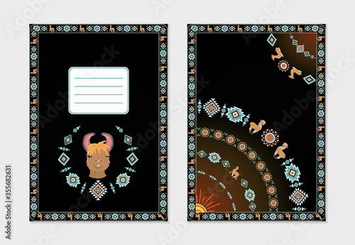 School notebook cover design. Cute illustration of animals with an ornament from South America.