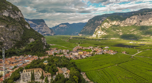 aerial view of the village of Mezzocorona in Trentino Alto Adige - northern Italy: charming village in the heart of the Piana Rotaliana Königsberg