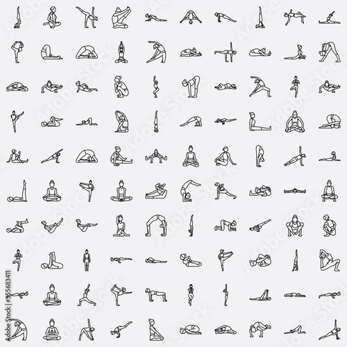 Vector illustration featuring a set of Yoga Pose 100 icons