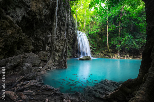 Fototapeta Naklejka Na Ścianę i Meble -  Jungle landscape with Erawan waterfall. Kanchanaburi, Thailand