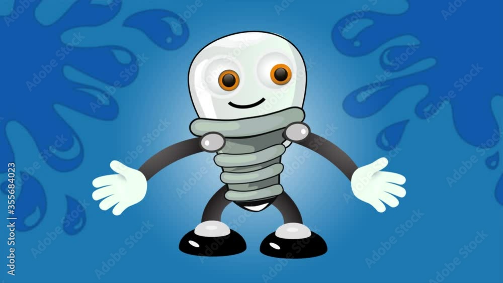 Bulb lamp character animation scene in 4K on blue background. Cartoon style character actions such as walking jumping looking breathing staying clapping dancing workout Bulb lamp character animation scene in 4K on blue background. Cartoon style character actions such as walking jumping looking breathing staying clapping dancing workout