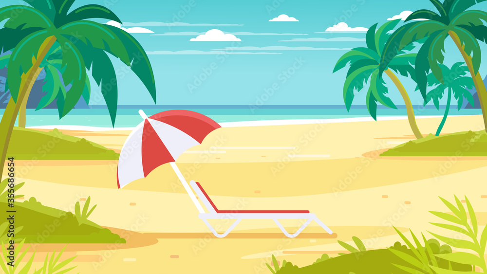 Tropical sand background. Beach overlooking the ocean. Ocean, sea. No people. Chaise lounge with umbrella.