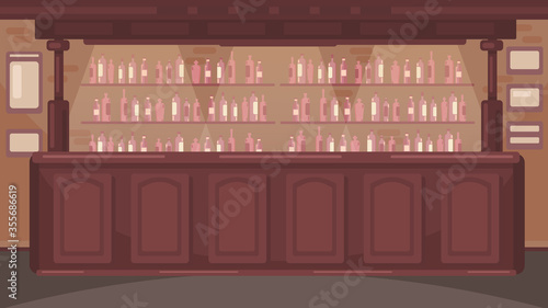 The interior of the bar. Pub with alcoholic drinks. No people. Retro wooden table. Retro style background. Brown wooden bar. Bar table. 
