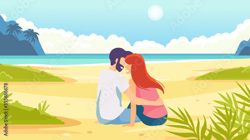 Tropical sand background. Beach overlooking the ocean. Ocean, sea. Couple on seashore. Happy family. Love kiss.
