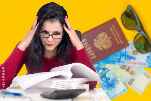 Canvas Print Upset woman next to Russian passport