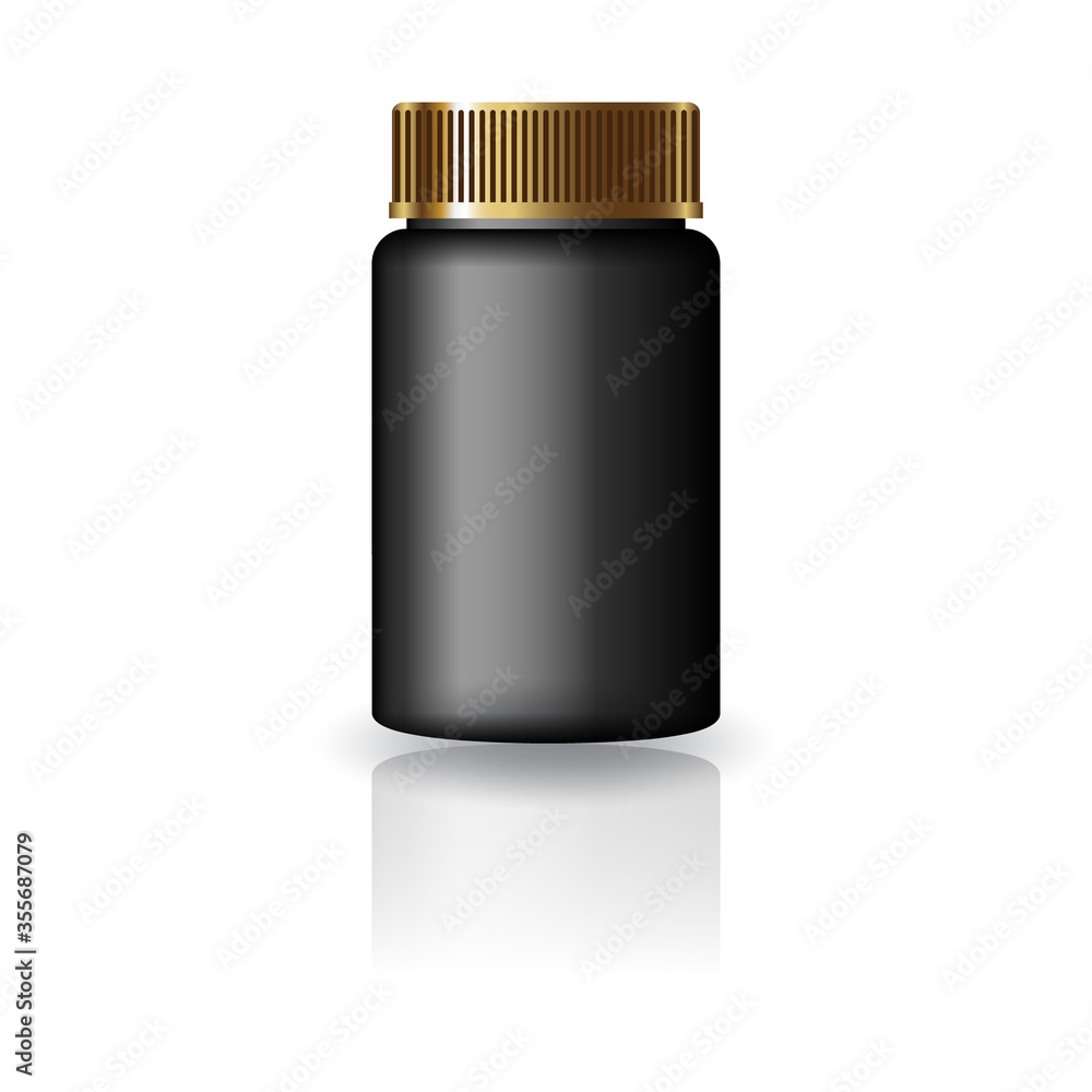 Black medicine round bottle with gold grooved lid for beauty or healthy product. Black medicine round bottle with gold grooved lid for beauty or healthy product.