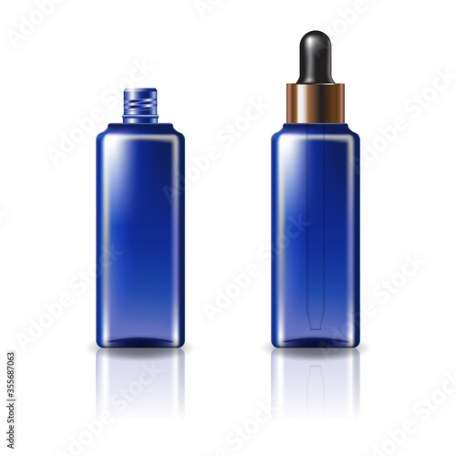 Blue clear cosmetic square bottle with black-copper dropper lid for beauty or healthy product.