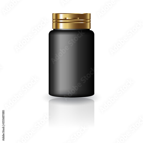 Black medicine round bottle with gold cap lid for beauty or healthy product.
