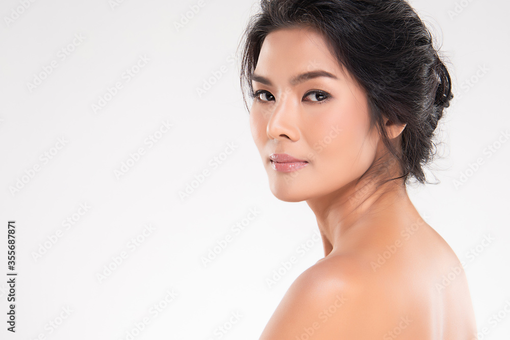 Beautiful Young Asian Woman with Clean Fresh Skin. Face care, Facial treatment, Cosmetology, beauty and healthy skin and cosmetic concept, woman beauty skin isolated on white background Beautiful Young Asian Woman with Clean Fresh Skin. Face care, Facial treatment, Cosmetology, beauty and healthy skin and cosmetic concept, woman beauty skin isolated on white background