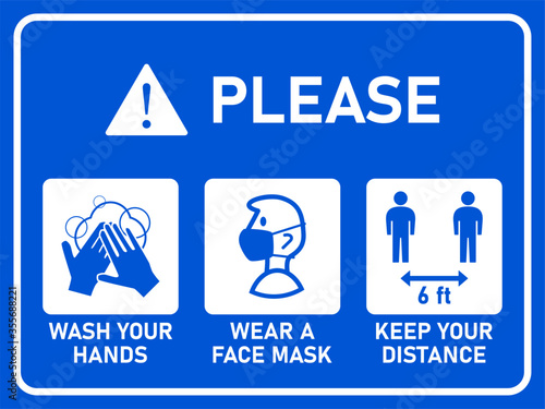 Horizontal Instruction Signboard with Basic Set of Measures against the Spread of Coronavirus Covid-19 including Wash Your Hands, Wear a Face Mask, Keep Your Distance 6 ft or 6 Feet. Vector Image.