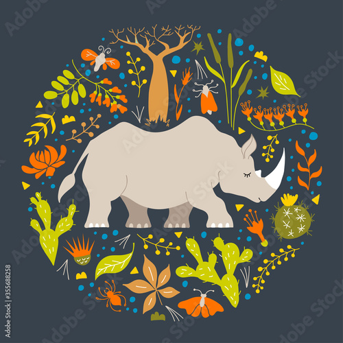 Cute rhinoceros walks on the savannah. Vector round frame for cards and nursery decor. Hand-drawn rhino among herbs and flowers. Bright children's illustration.