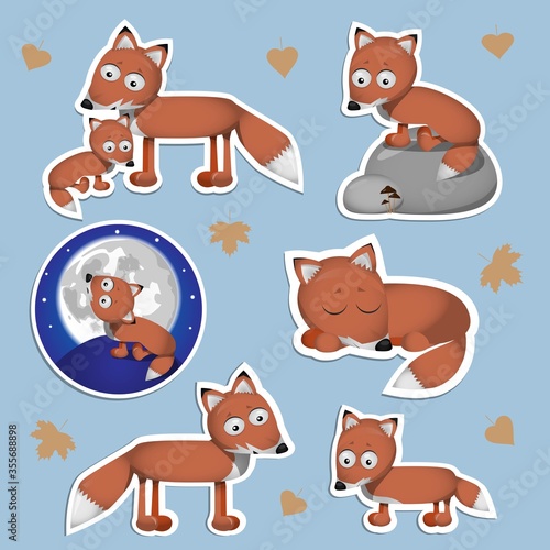 beautiful set of stickers of cute baby fox  colorful vector illustration of pup character for children