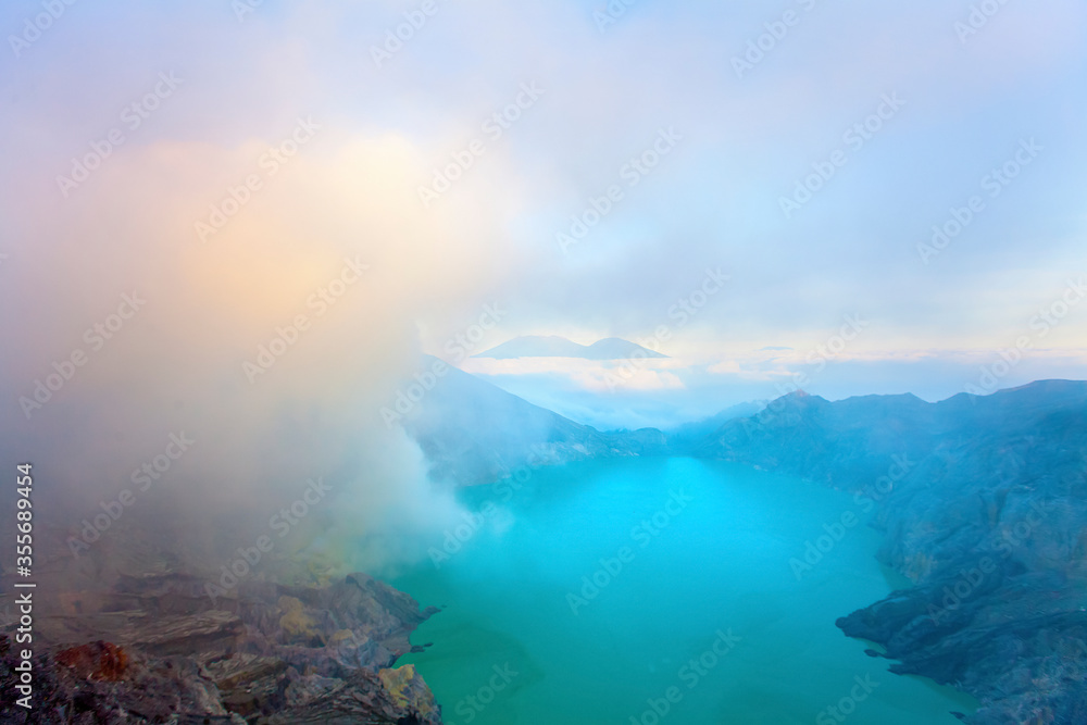 Panoramic view of Kawah Ijen Volcano at Sunrise. The Ijen volcano complex is a group of stratovolcanoes in the Banyuwangi Regency of East Java, Indonesia