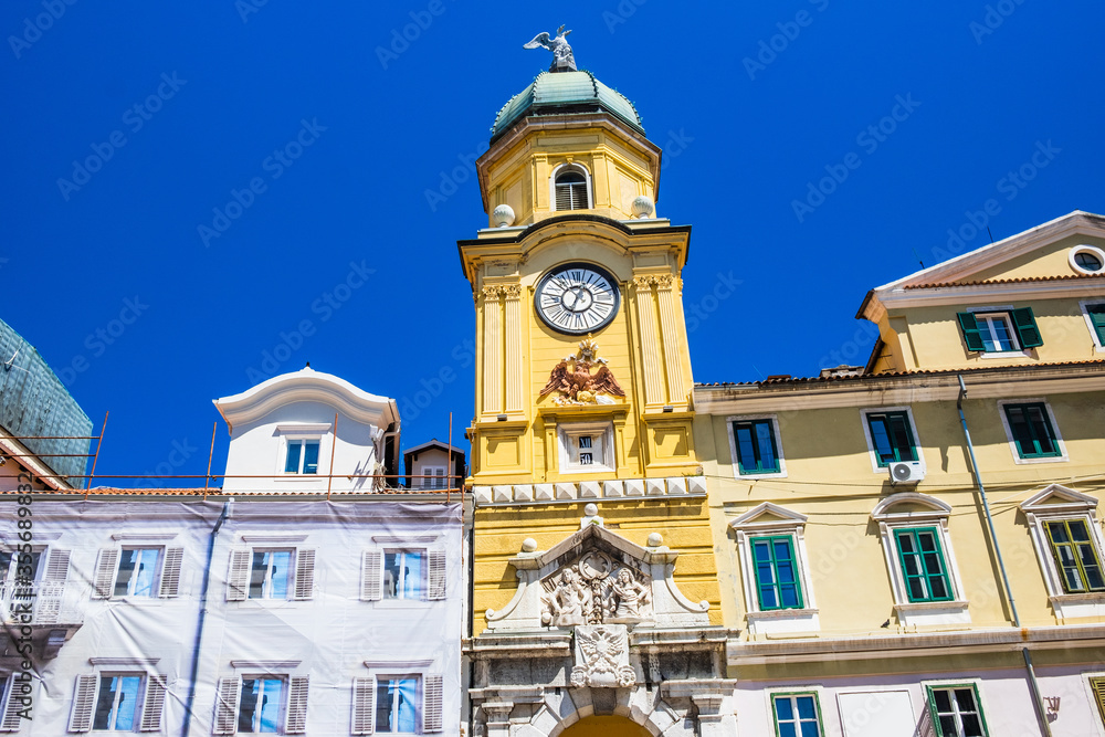 City of Rijeka, Croatia. Baroque city clock tower on a sunny summer day.
