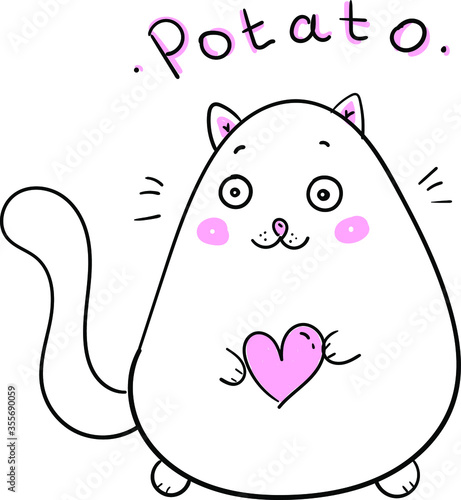 cute fat potato cat 
with a heart in his hands. vector illustration 
for cards, books 