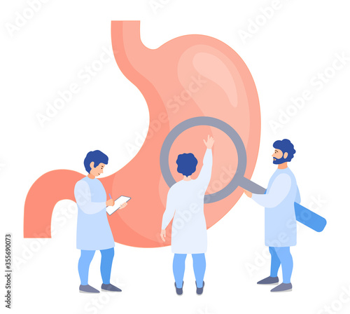 A team of doctors checkup the stomach. Tiny people examine the organ and make a diagnosis. Banner on the prevention of stomach disease, metabolism and obesity. Vector flat concept. Treatment.