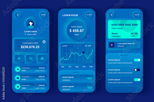 Online banking unique neumorphic design kit. Smart finance app with manage transactions and view account activities. Financial management UI, UX template set. GUI for responsive mobile application.