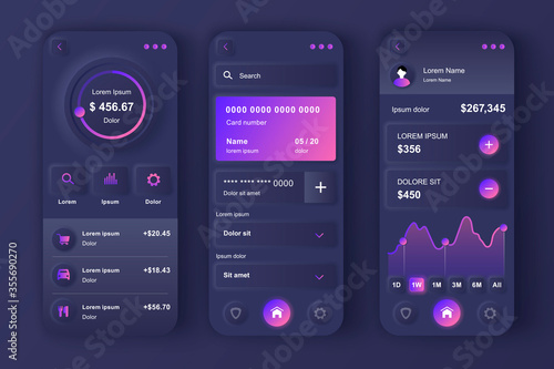 Online banking unique neumorphic design kit. Personal finance app with transfer funds, pay bills, deposit checks. Financial invest and manage UI, UX template set. GUI for responsive mobile application