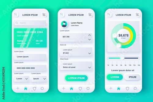 Smart banking unique neumorphic design kit. Personal finance app for money flow analytics, online payment and investing. Financial management UI, UX template set. GUI for responsive mobile application