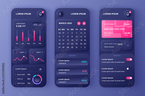 Finance manager unique neumorphic design kit. Tracking expenses app with credit card balance, payment reminders and analytics. Online banking UI, UX template set. GUI for responsive mobile application
