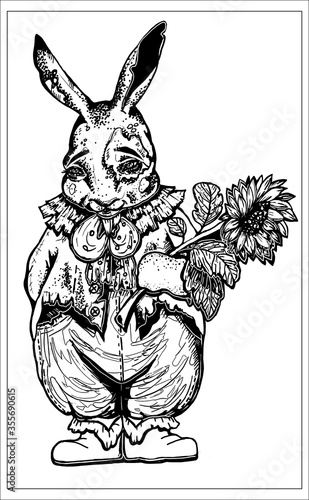 Romantic character, cute, kind rabbit with plump cheeks, with long ears and sad eyes in jacket, hold large sunflower in paw, the other paw behind his back, with beautiful bow-knot and collar on neck.