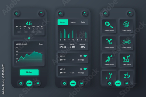 Fitness workout unique neumorphic design kit. Personal fitness program app with with fitness goals and current activity level. Sport planner UI, UX template set. GUI for responsive mobile application.