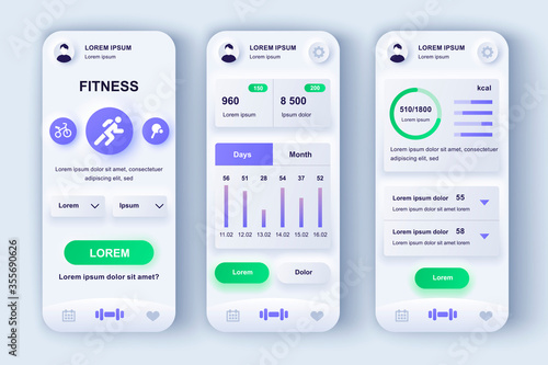Fitness workout unique neumorphic design kit. Personal trainer app with different kinds of strength and cardio training. Sport activity UI, UX template set. GUI for responsive mobile application.