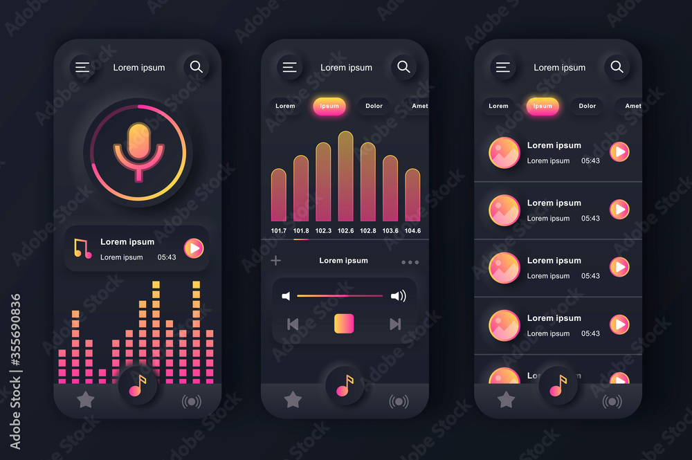 Music player unique neumorphic black design kit. Music app with voice recording, graphic equalizer and compositions playlist. Music listening UI, UX template set. GUI for responsive mobile application