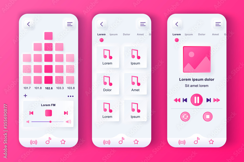 Music player unique neumorphic pink design kit. Audio app with graphic  equalizer, playlist navigation and FM radio screens. Music listening UI, UX  template set. GUI for responsive mobile application. Stock Vector