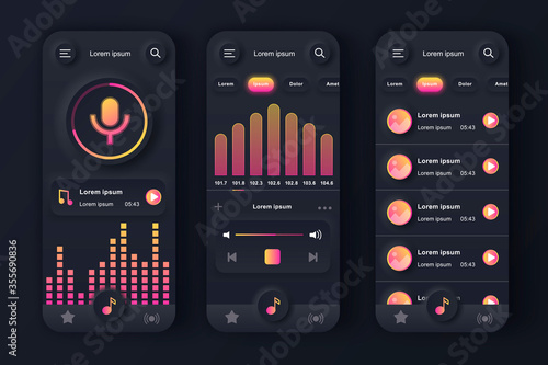Music player unique neumorphic black design kit. Music app with voice recording, graphic equalizer and compositions playlist. Music listening UI, UX template set. GUI for responsive mobile application