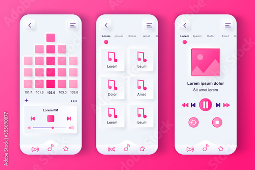 Music player unique neumorphic pink design kit. Audio app with graphic equalizer, playlist navigation and FM radio screens. Music listening UI, UX template set. GUI for responsive mobile application.