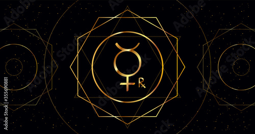 Retrograde Mercury astrological sign of the planet. Astrological sign of golden color on a black background with geometric ornament. photo