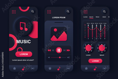 Music player unique neumorphic design kit for app. Audio player with music tracklist navigation, graphic equalizer screens. Music listening UI, UX template set. GUI for responsive mobile application.