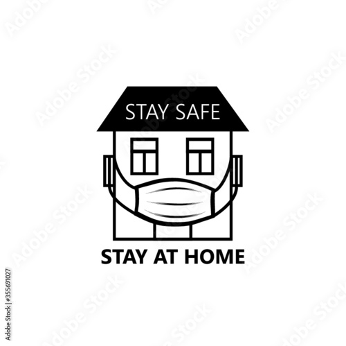 Quarantine sign. Virus epidemic safety design illustration. Creative symbol with house, wearing medical mask and lettering "Stay home", "Stay safe" over white background.