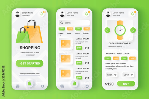 Shopping solution unique neumorphic design kit. Shopping app for online auction with product photo, description and price. Internet store UI, UX template set. GUI for responsive mobile application.