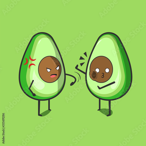 Funny cute avocado character. Two Vector flat avocado cartoon character slap the others avocado. Isolated on green background. Avocado fruit concept