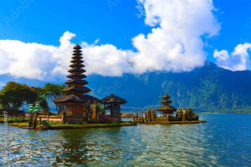 Pura Ulun Danu Bratan temple in Bali island. Hindu temple in flowers on Beratan lake, Bali, Indonesia