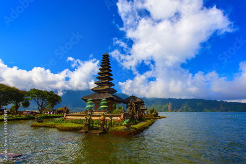 Pura Ulun Danu Bratan temple in Bali island. Hindu temple in flowers on Beratan lake, Bali, Indonesia