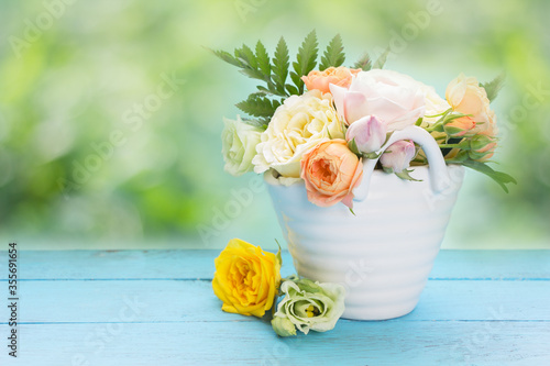Garden  roses on wooden board .Template for design,greeting cards