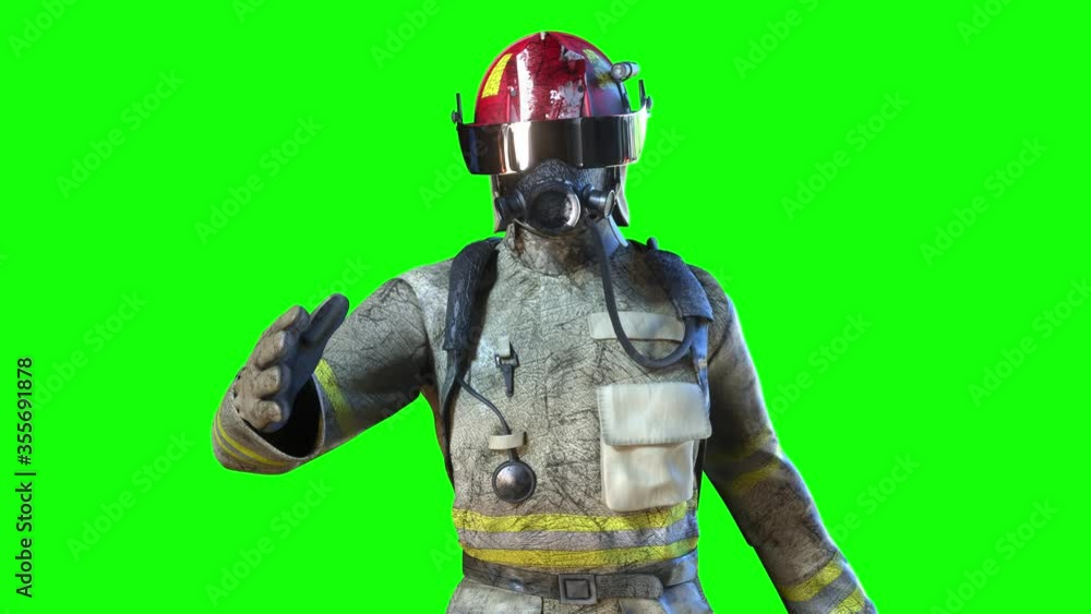 brave fireman in fire 3d render on green background brave fireman in fire 3d render on green background