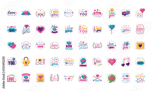 I love you texts flat style icon set vector design
